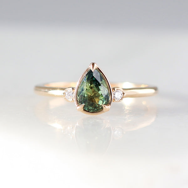  Pear Cut Green Sapphire ring front view