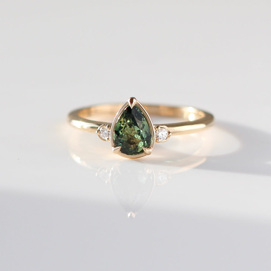  Pear Cut Green Sapphire ring front view