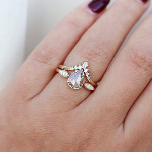  Pear Rose Cut Diamond Ring  with crown diamond band on hand