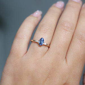 Shield Cut Blue Sapphire Ring on hand