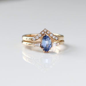 Shield Cut Blue Sapphire Ring  with diamond gold band detail front view