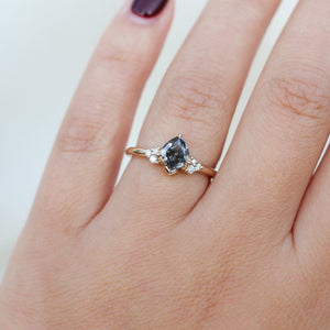 Shield Cut Salt & Pepper Diamond Ring worn on hand close up