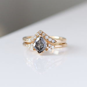 Shield Cut Salt & Pepper Diamond Ring with Point Wave Diamond Band quarter detail view