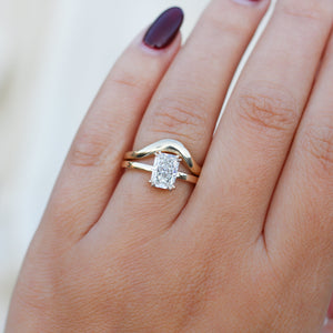 Radiant Cut Lab Diamond Ring paired with Gold Wave Band on hand