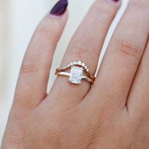 Radiant Cut Lab Diamond Ring paired with Crown Diamond Band on hand