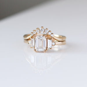 Emerald Cut Lab Diamond Ring with Diamond Wave Band quarter detail view