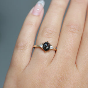 Hexagon Cut Black Diamond Ring on hand