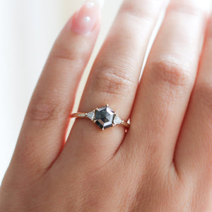 Hexagon Cut Black Diamond Ring on hand 