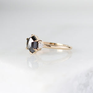 Hexagon Cut Black Diamond Ring quarter side view 