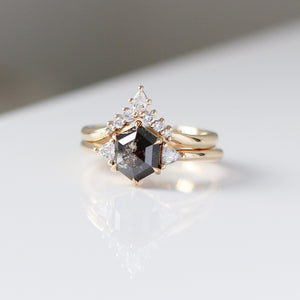 Hexagon Cut Black Diamond Ring paired with crown diamond band detail view