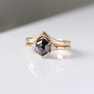 Hexagon Cut Black Diamond Ring with wave gold band front view