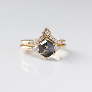 Hexagon Cut Black Diamond Ring  with diamond gold band detail view