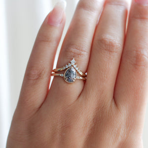 Pear Cut Salt & Pepper Diamond Ring paired with crown diamond gold band on hand