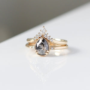 Pear Cut Salt & Pepper Diamond Ring paired with crown diamond gold band