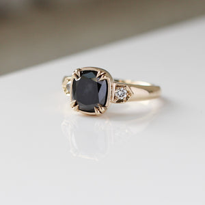 Cushion Cut Black Diamond Ring side  detail view