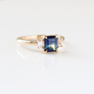 Emerald cut blue sapphire ring right side view