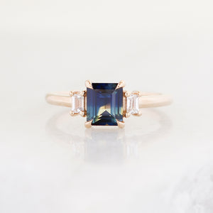 Emerald cut blue sapphire ring front view